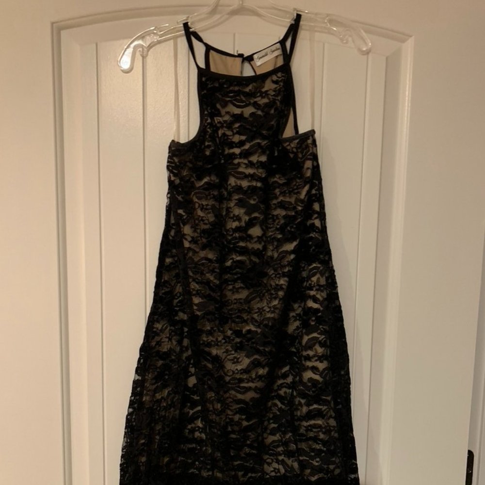 black and tan lace high neck cocktail dress